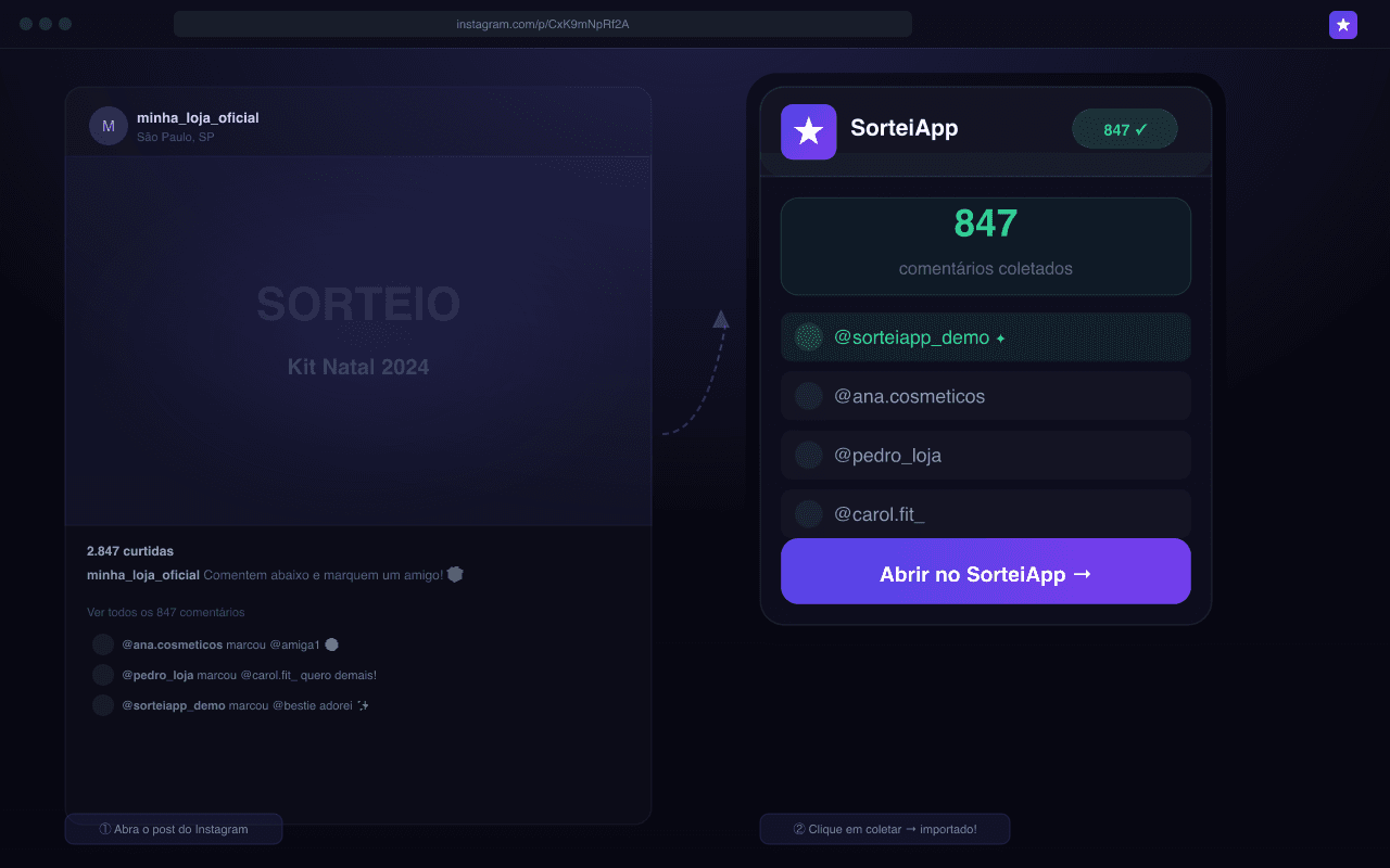 Extensão no post do sorteio: Abra a publicação, use a extensão e colete os comentários com um clique.